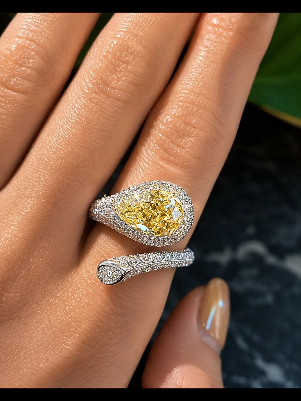 Yellow Pear-Cut Halo Ring with Pavé Diamonds